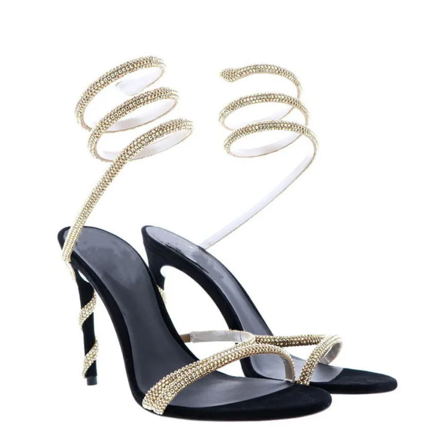 Sparkling Rhinestone thin high heels women's sandals crystal Heel ankle strap winding Black gold dress shoes Luxury Designer sandals Factory shoe