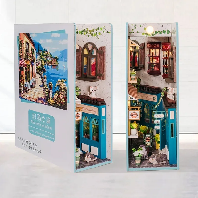 Архитектура DIY House DIY Книг Книг Книг Комплект вставки вставки с Light Island Bookend Model Building Set с музыкальной миниатюрной мебелью игрушки для девочек подарки 220829