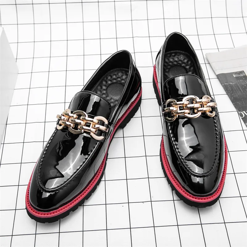 Elegant Loafers Men Shoes Black Patent Leather PU Metal Buckle Slip-On Fashion Business Casual AD004