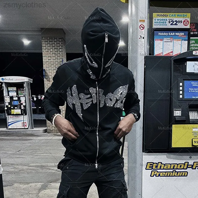 Y2K Demon Rhinestone graphics zip Hooded Sweatshirt Men's hoodies Harajuku Goth Oversized hoodie Grunge Men's clothes emo