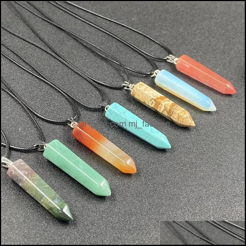 Pendant Necklaces Reiki Healing Stone Pendum Hexagon Point Pendant Energy Amethyst Tiger Eye Quartz Crystal Pillar Rope Cha Mjfashion Dh8M1