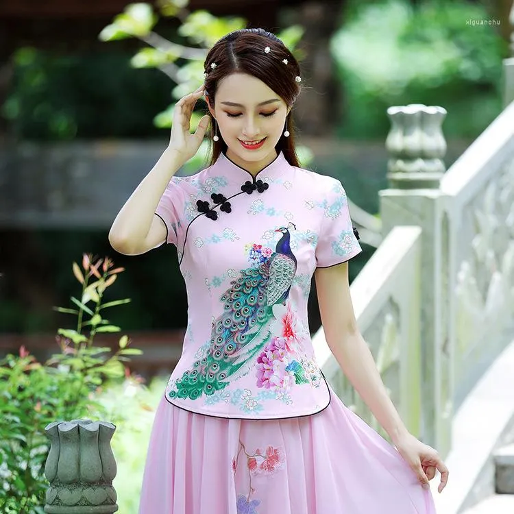 Ropa étnica SHENG COCO Blusa con estampado de pavo real Estilo chino Qipao Tops Mujer tradicional Cheongsam Camisas Satén