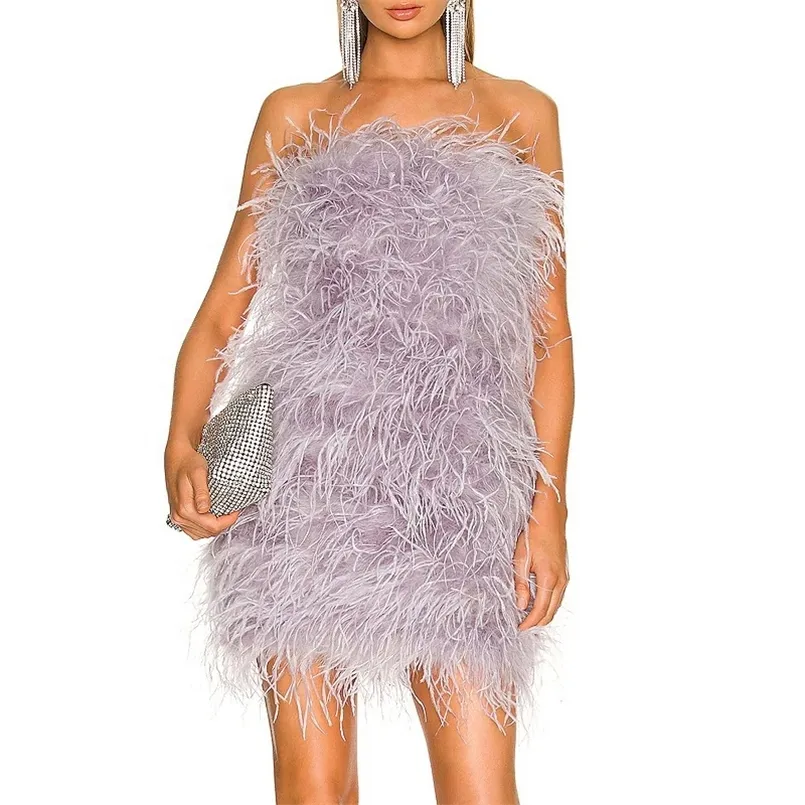 Casual Dresses Elegant 100% Ostrich Feather Mini Cocktail Sexig stropplös Short Prom Dress Wedding Birthday Födelsedagsklänningar S4082 220829