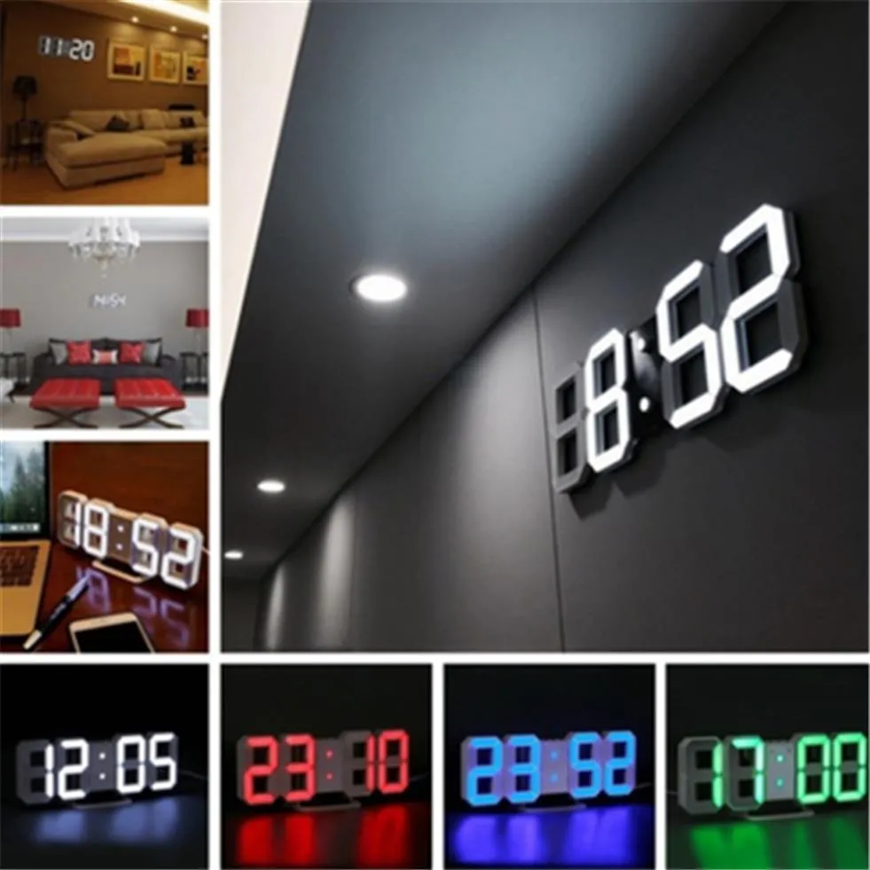 Modern Design 3D LED Wall Clock Digital Alarm Clocks Display Home