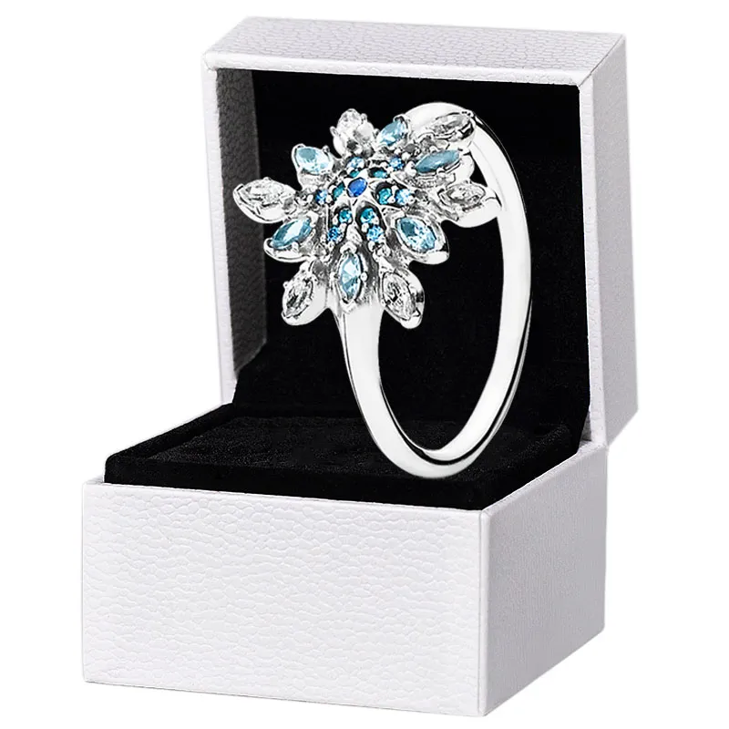 CZ Diamond Blue Snowflake Rings 925 Sterling Silver Women Wedding Sieraden voor Pandora Vriendin Gift Ring met originele boxset