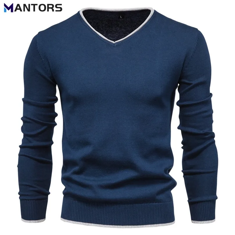 Suéteres de hombre Mantors primavera suéter de hombre otoño color sólido de algodón de algodón manga larga v cuello hombres jarras