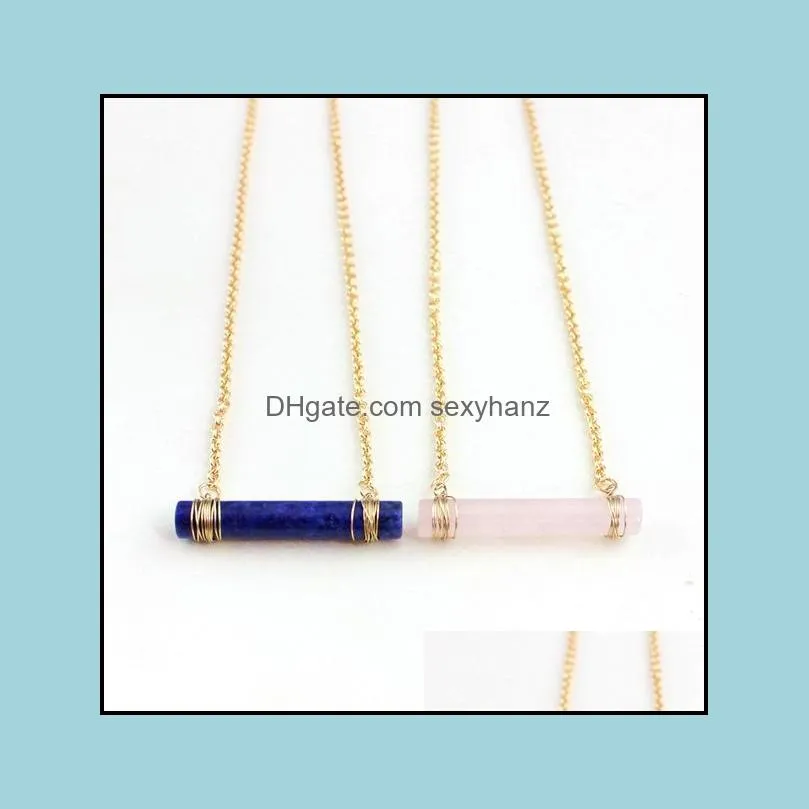 Pendant Necklaces Fashion Pink Cylinder Gold Color Natural Stone Bar Statement Necklace For Women Girl Brand Jewelry Drop De Sexyhanz Dha7R