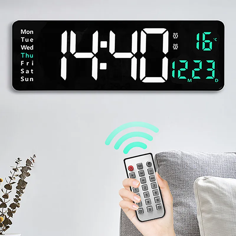 Grande relógio de parede digital Controle remoto Temperatura Data da semana Exibir energia Off Memory Memory Clock Palmondo alarmes duplos LED Relógios 220829