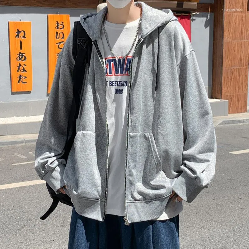 メンズジャケット灰色のフーディーズメンズハイストリートルーズロングスリーブスウェットシャツ秋ヴィンテージカジュアルジップアップパーカー女性服Y2Kストリートウェア