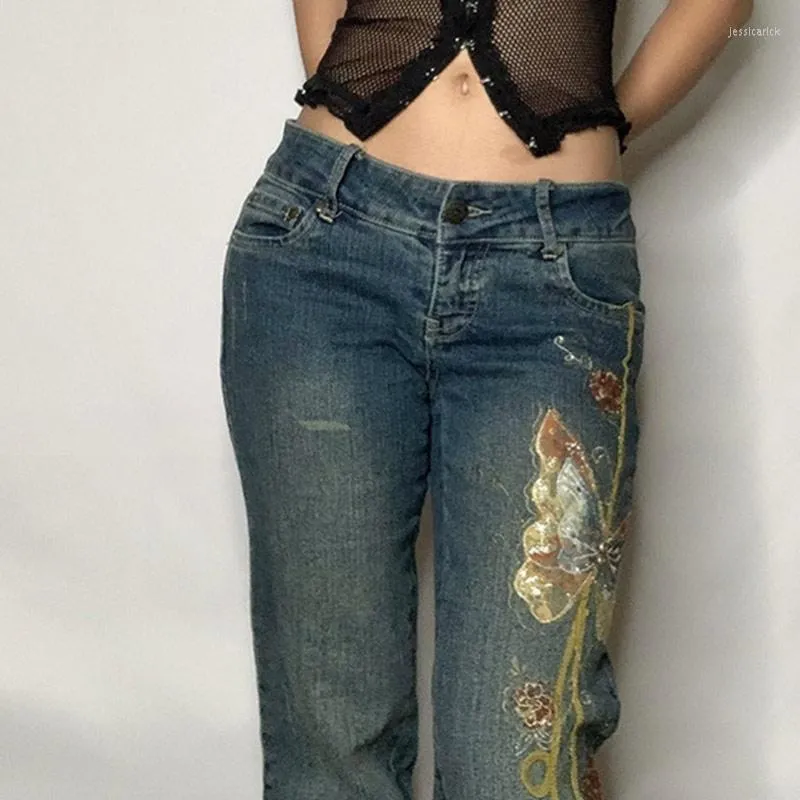 Calça jeans grunge feminina estampada de cintura alta, streetwear
