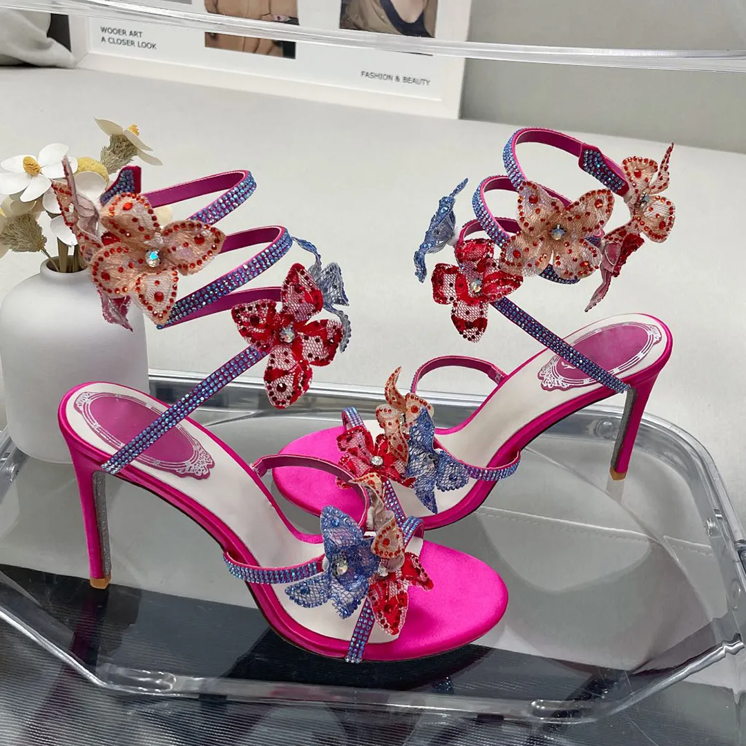 Sandales de fleurs fuchsia Renecaovilla serpentine 9,5 cm de concepteurs de chaussures ￠ talons hauts Crystal Decoration Stiletto Heel Femmes Rome Sandale 4-12 avec bo￮te