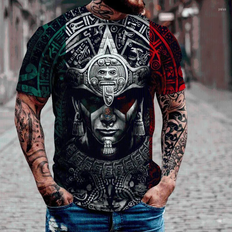 Men's T Shirts 2022 Street Fashion T-shirt Män kortärmad lös t-shirt aztec mexico tatuering 3d tryckning smal rund hals spo283w