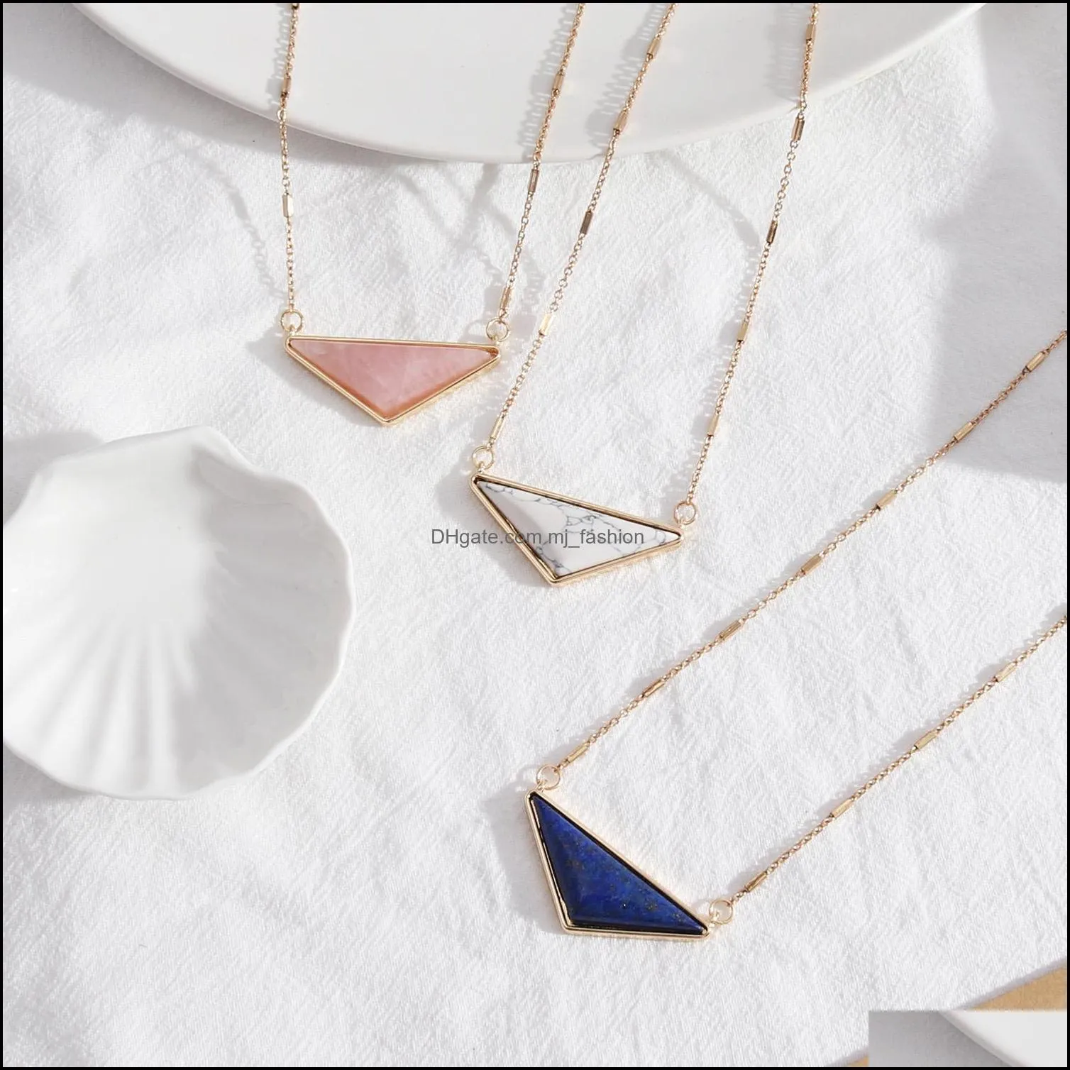 Pendentif Colliers Mode Rose Triangle Lapis Lazi Turquoise Rose Quartz Pierre Or Couleur Déclaration Collier Pour Femmes Fille Mjfashion Dhcrd