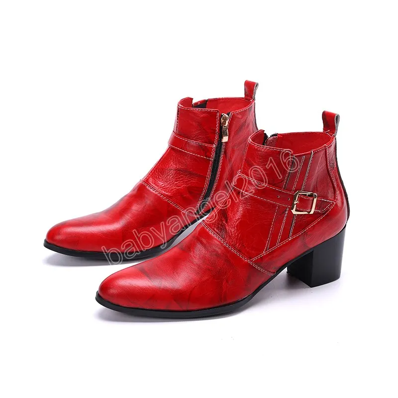 Rot Echtes Leder Männer High Heel Stiefel Spitz Party Kleid Schuhe Nachtclub Jazz Tänzer Mann Kurze Stiefel