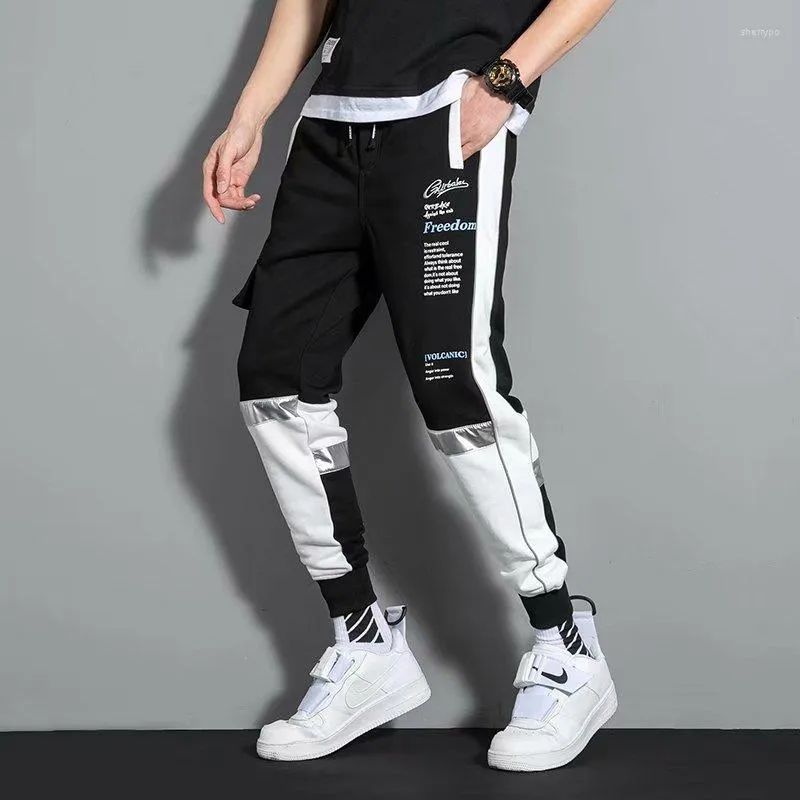 Herrbyxor mode män japan trend streetwear last joggare män avslappnad kläder elastiska midja skarvade byxor