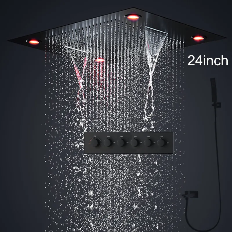 2022 luxe noir ensemble de douche intégré salle de bain plafond LED pommes de douche mitigeur thermostatique bain 5 fonctions système de robinet