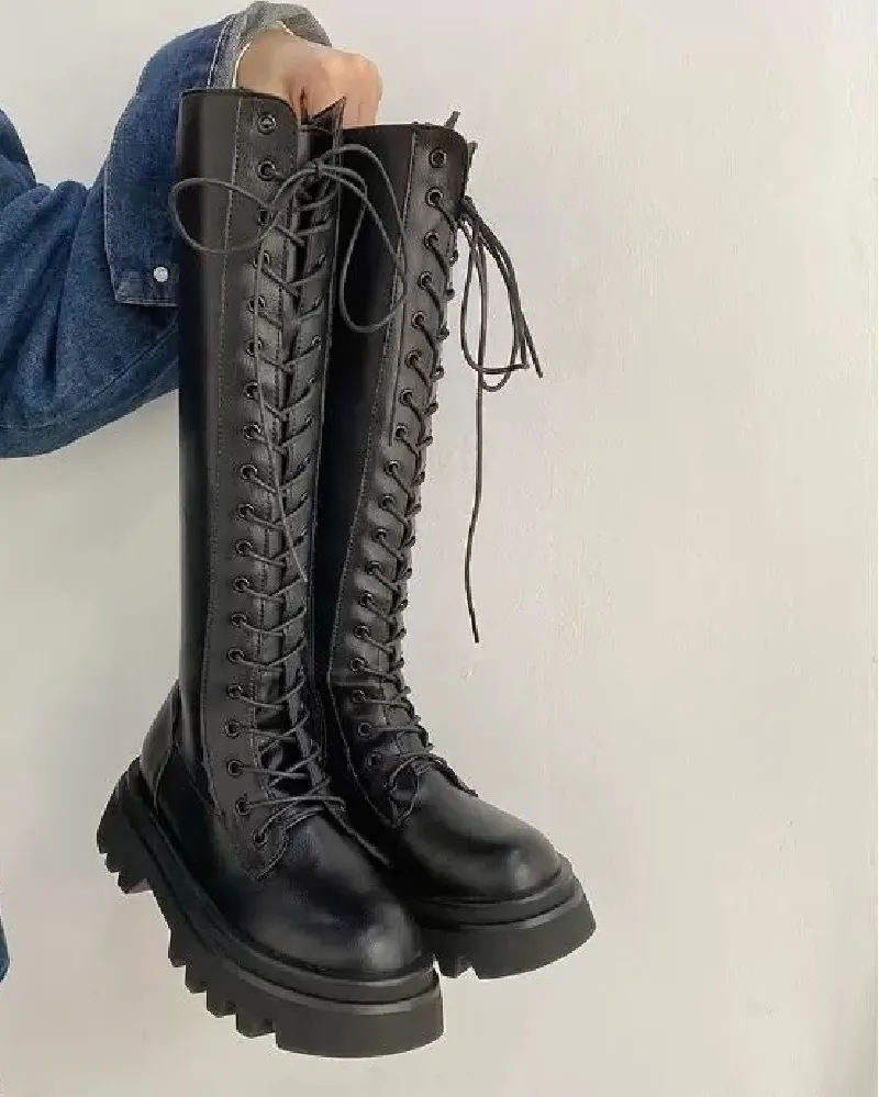 Botas femininas clássicas de design com fecho de correr atadura mulher sapatos de plataforma pretos botas de couro confortáveis joelheiras qualidade superior Knight cano alto 35-40