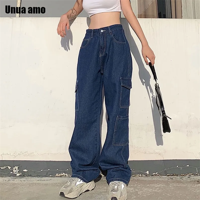 Jeans femme Unua amo Vintage taille haute Baggy Streetwear pantalon Cargo multi-poches Denim pantalon droit décontracté 220830
