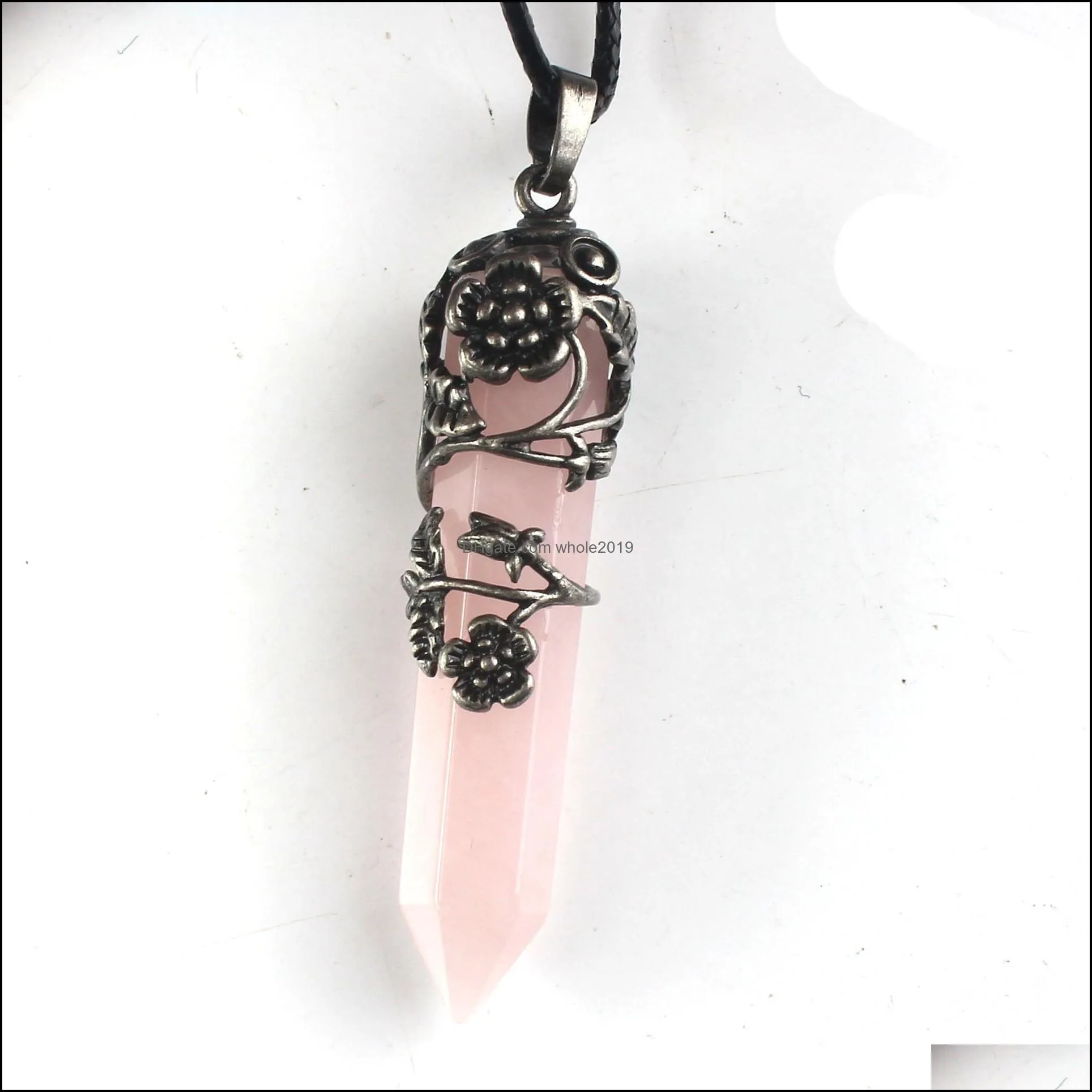 Pendant Necklaces Natural Healing Stone Crystal Pendum Necklace Pink Rose Quartz Hexagon Prism Leaf Flower Pendant For G Dhseller2010 Dh0Iw