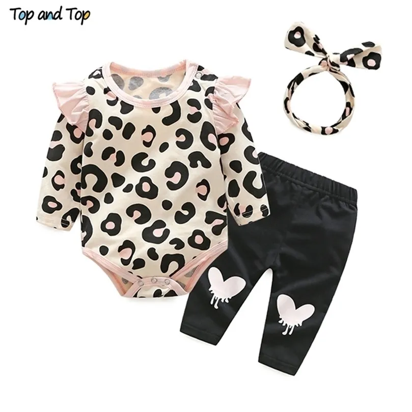 Kläder sätter upp och toppflickor kläder set Autumn Born Baby Girl Clothing Leopard Print Rompers pannband byxor 3 st.