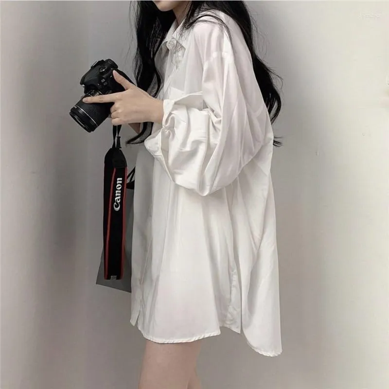 Blouses Femmes Printemps Été 2022 Femmes Chemise Oversize Élégant Pour Lanterne Manches Blanc Mi-longueur Shir Manteau Tunique