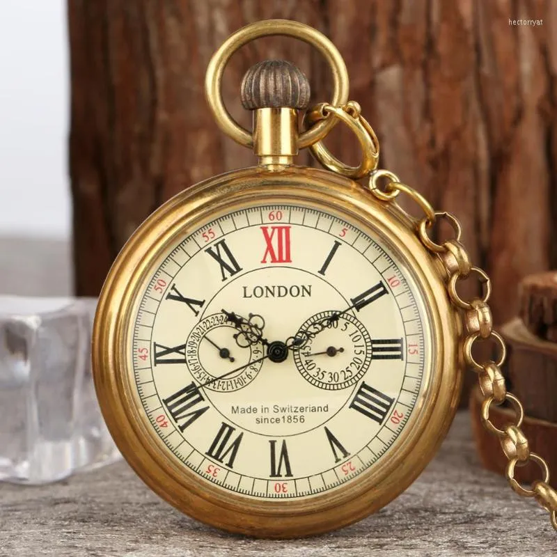 Taschenuhren, Kupfer, antikes London, 1856, 5 Zeiger, mechanische Uhr, Handaufzug, Skelettuhr, Herren, 30 cm Kette