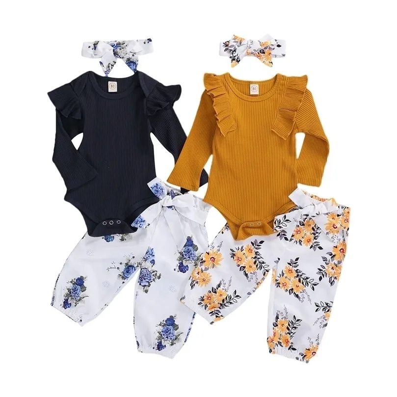 Kläder set Citgeett Autumn Baby Girls Clothes Set Toddler Långärmad solida toppar Ruffle Floral Print Long Pants Pannband Spring Set 220830