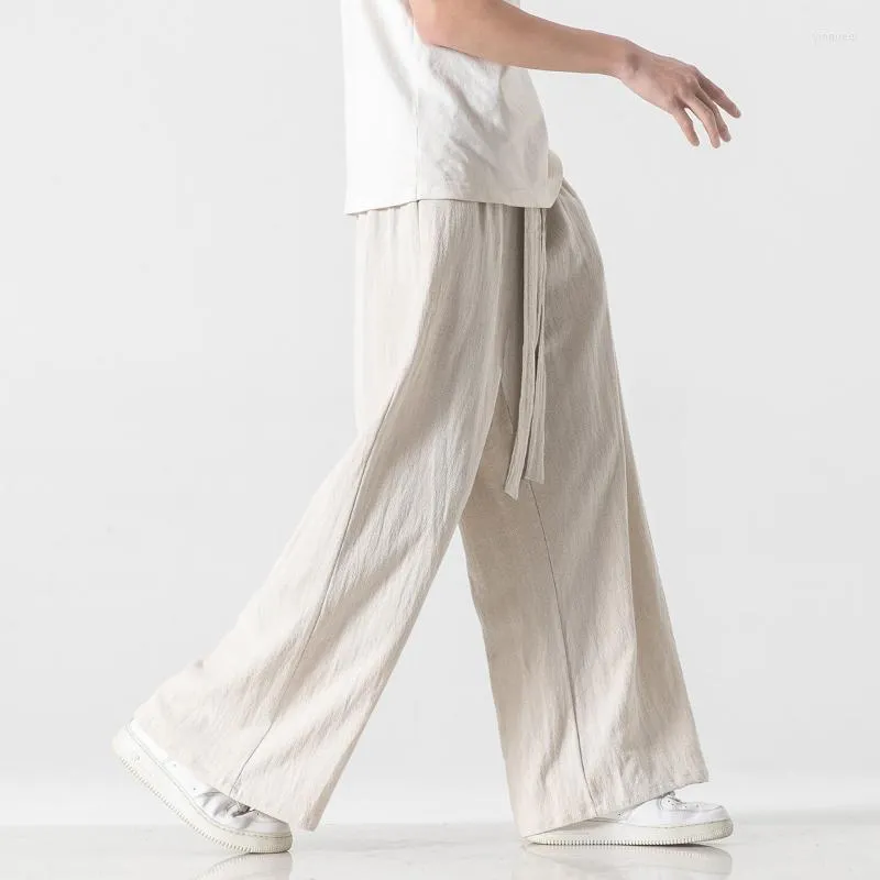 Männer Hosen 2022 Frühling Sommer Männer Baumwolle Leinen Breite Bein Chinesischen Stil Vintage Harem Männliche Casual Einfarbig Hanfu Hosen