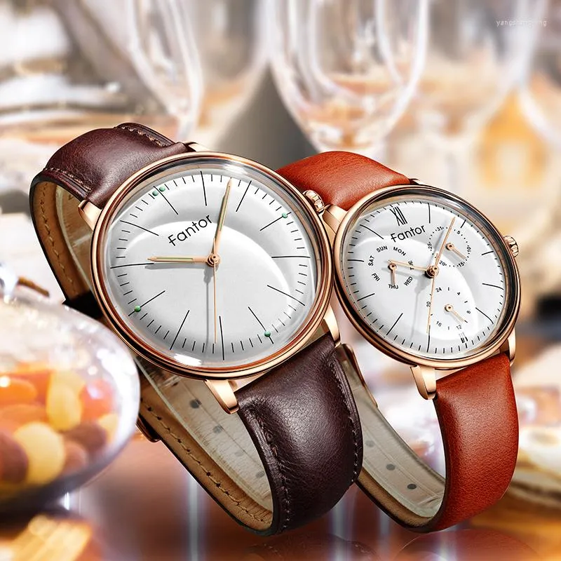 Patrósxos de pulso Marca Fantor Fashion Luxury Leather Quartz Par para Lovers Man Woman Gift Set Casal Watches With Box