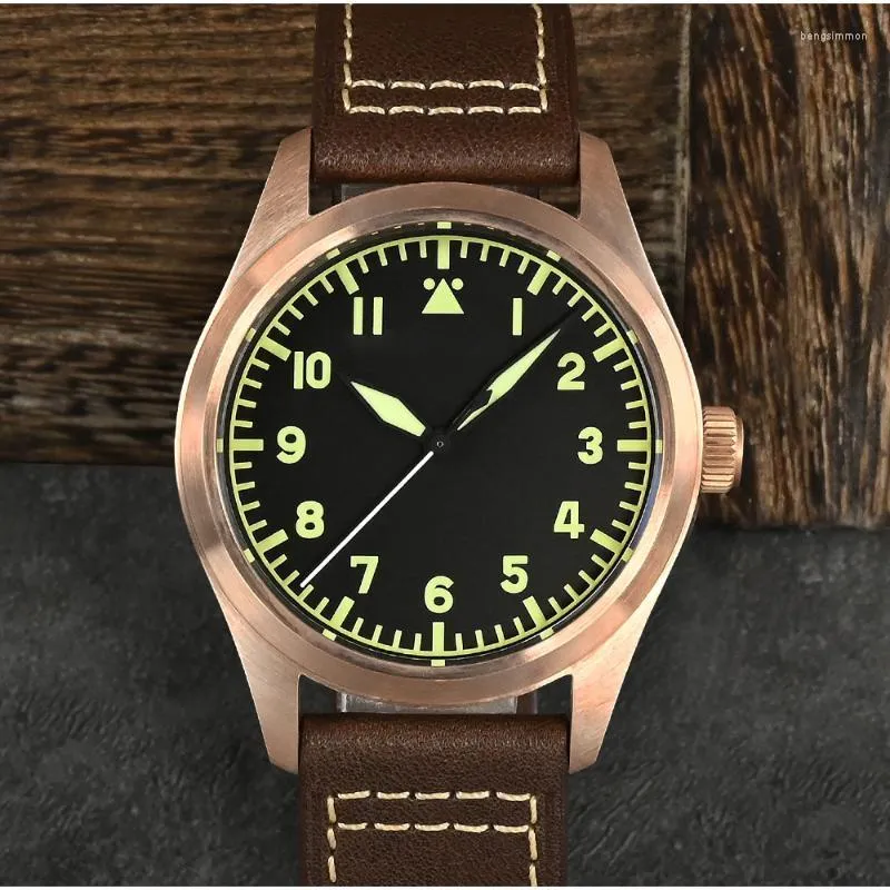 Relojes de pulsera San Martin reloj de bronce militar YN55A estilo Retro Simple para hombre relojes mecánicos automáticos correa de cuero 20Bar