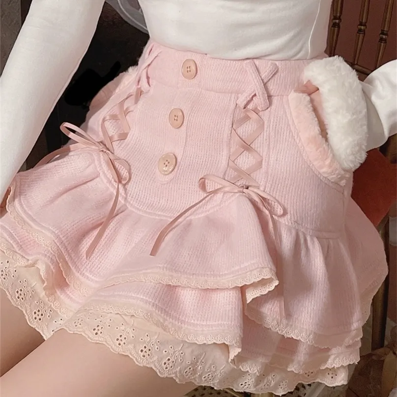 Etek Japon kawaii lolita mini kadın kış dantel rahat zarif tatlı kadın yüksek bel bandaj Kore 220830