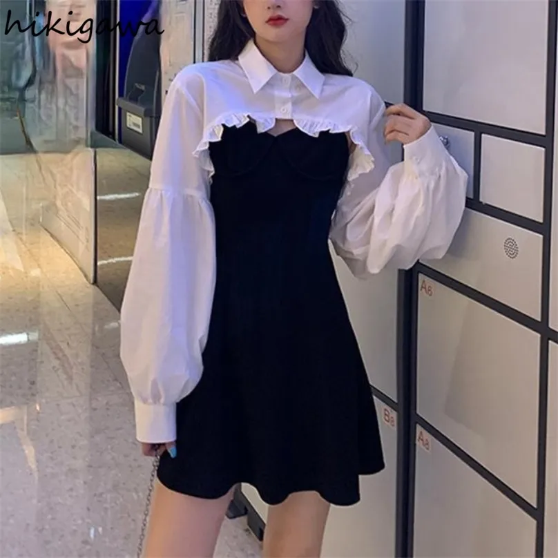 Vestido de dos piezas Hikigawa Conjuntos de ropa para mujer Camisas sueltas cortas con manga farol y traje de mujer de moda coreana sólido negro 220830