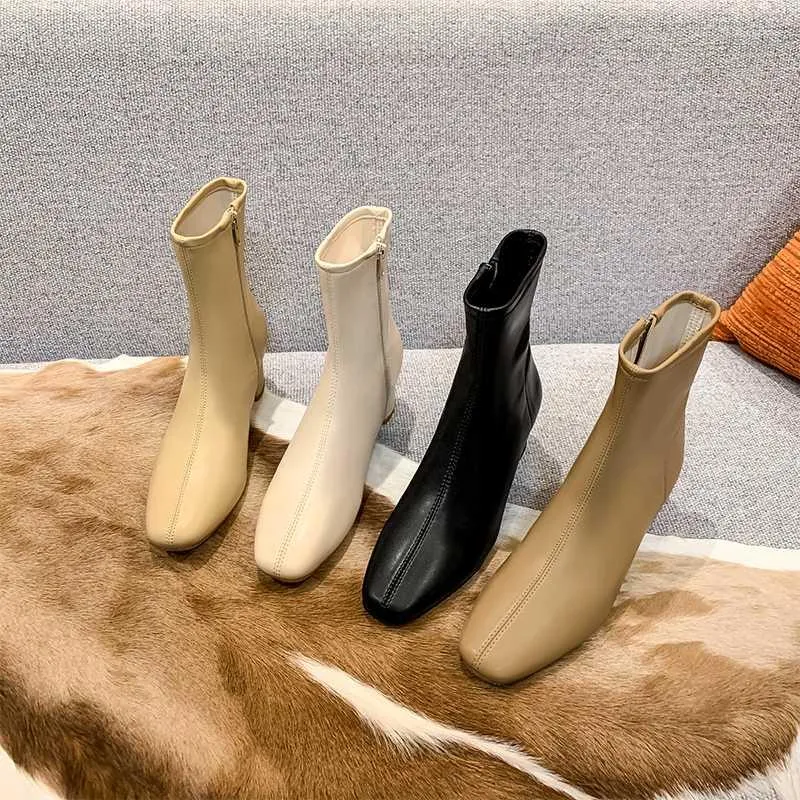 Boots French Niche Thick Heel Ankle Women's Autumn And Winter High Heels Square Toe Skinny Side Zipper Leather Women