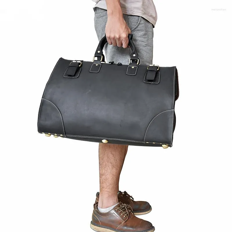 Duffel Torbalar Erkek Çılgın At Deri Seyahat Çantası 18 "Büyük Kapasiteli UNISEX Dayanıklı Cowhide Hafta Sonu Messenger Tote Çantası