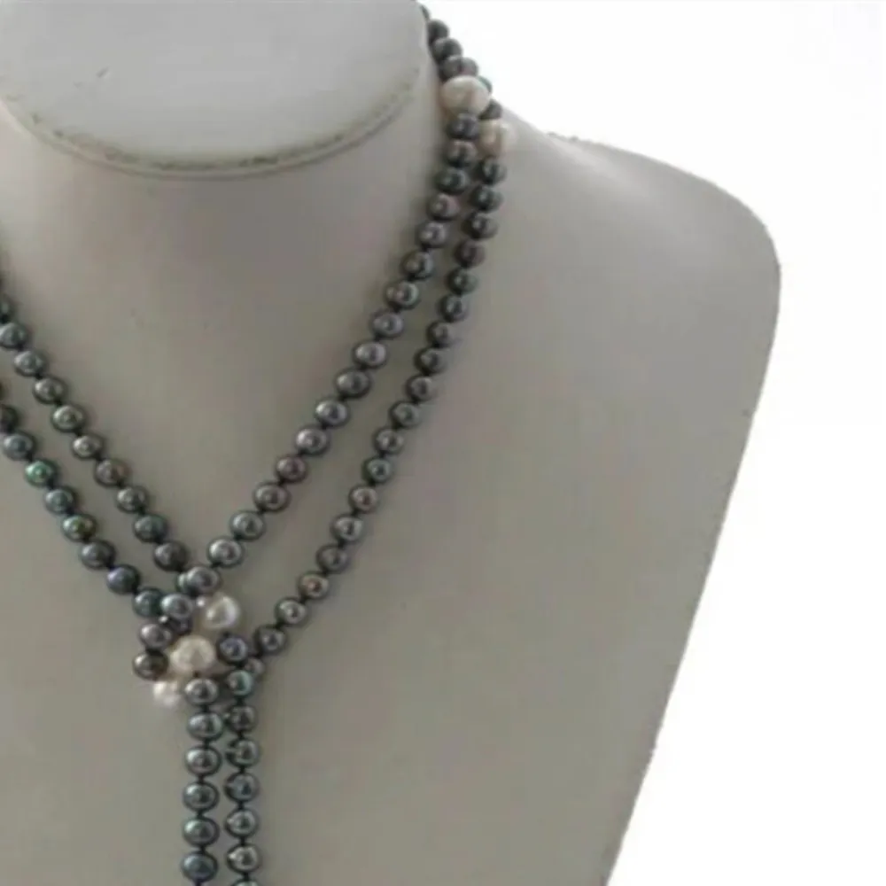 Ręcznie wiązany naszyjnik Naturalny 7-8 mm biały 6-7 mm czarny łańcuch swetra słodkowodnej prawie okrągłe perłowy 65-calowy biżuteria dla kobiet