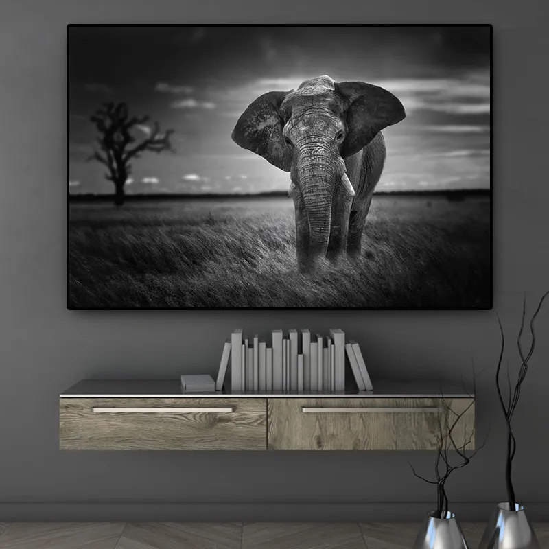 Wandkunst Wilde Tiere Afrikanischer Elefant Leinwandmalerei Schwarz-Weiß-Poster und Drucke Wandbild Wohnzimmer Cuadros Dekor