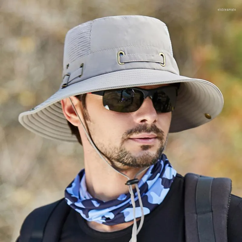 Chapeaux à large bord 2023 Mode Summer Bucket Hat Cowboy Hommes Pêche en plein air Randonnée Plage Mesh Respirant Anti UV Sun Cap Large