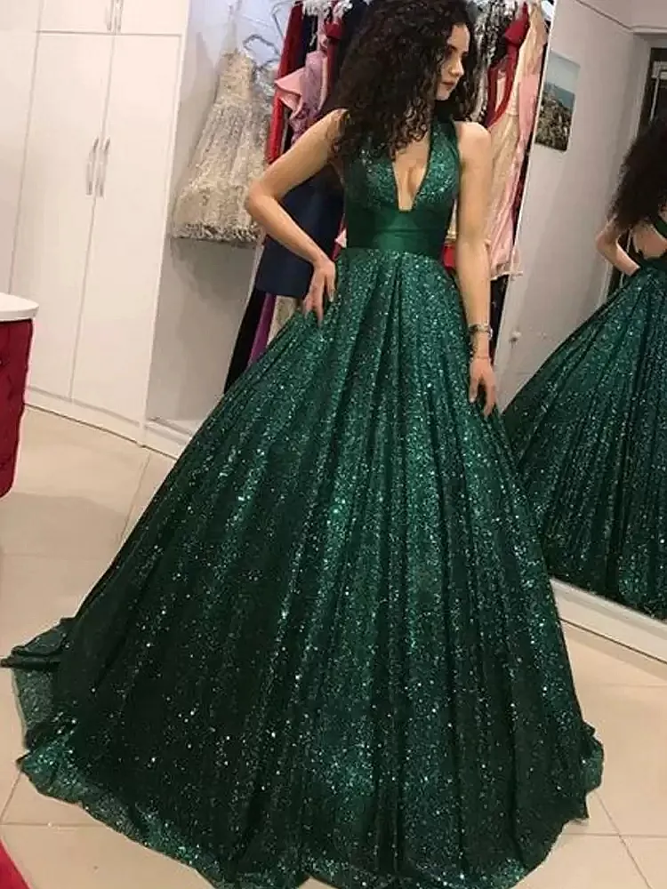 Glitter Dark Green Sequined Prom Dresses Sexy Backless Deep V-Neck Long Formal Party Evening Gowns Charming Sparkly Special Occasion Wear For Women