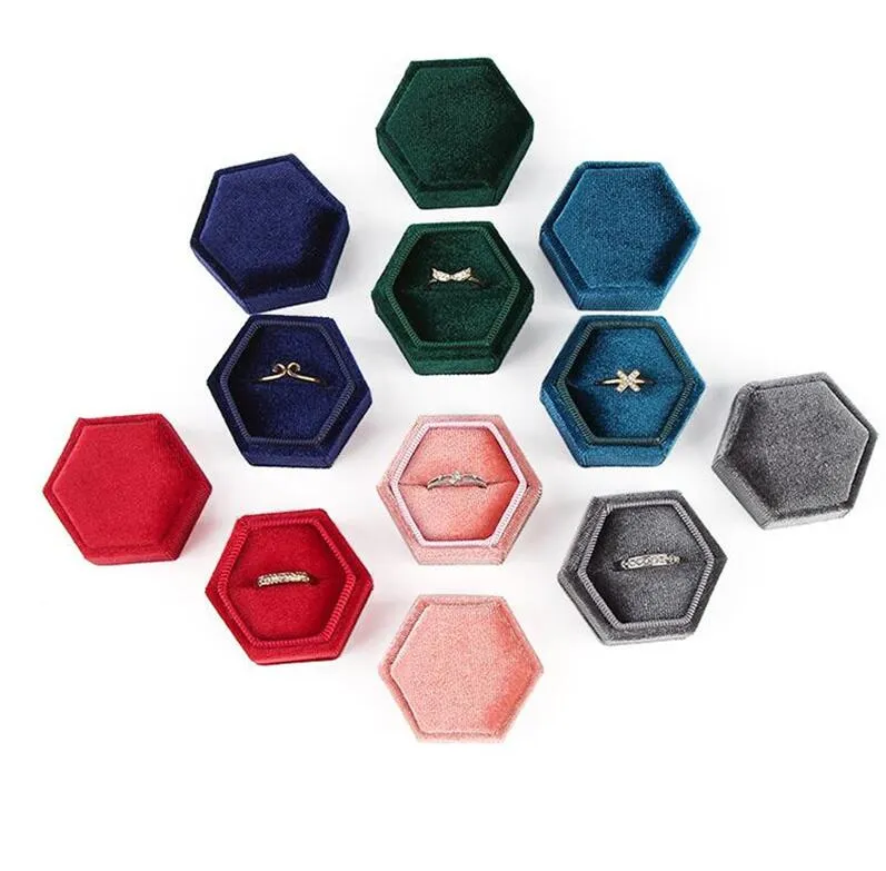 Hexagon Velvet Ring Box with Detachable Lid Earings Holder for Proposal Engagement Wedding Ceremony