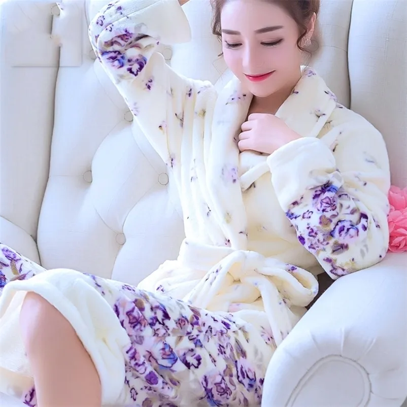 Kadınlar Robe Kadınlar Çılgın Kış Sıcak Mercan Polar Nightdress Placewear Kadın Pijamalar Ev Kıyafetleri Çiçek Pansuman Gron Kimono El Boşluk 220830