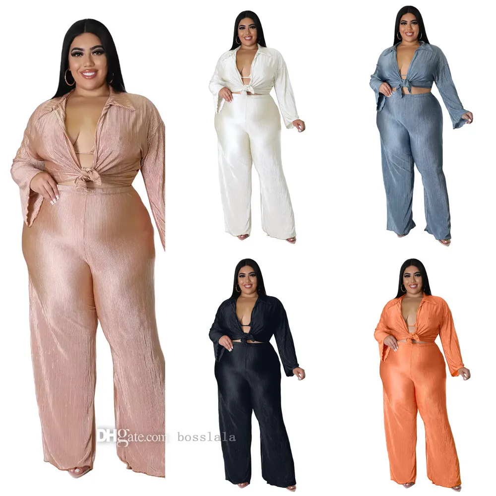 Casual Women Plus Size Tracksuits With Light Crimp Pleated Wide Leg Pants Fashion 3 Pieces Suit