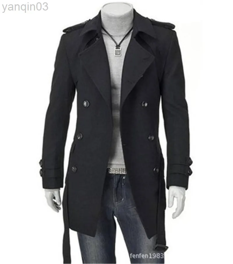 メンズジャケットNieuwe heren Jassen Dubbele Peloton Gesp Kleding Mannen Lange Jas Riem Double Brested Trench Coat Zwart Grijs M-3XL L220830