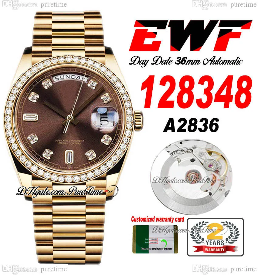 EWF Day Date 128348 A2836 Montre automatique unisexe pour hommes et femmes, lunette en diamants YG, cadran en diamant marron, bracelet présidentiel, même carte de série, Super édition Puretime B2