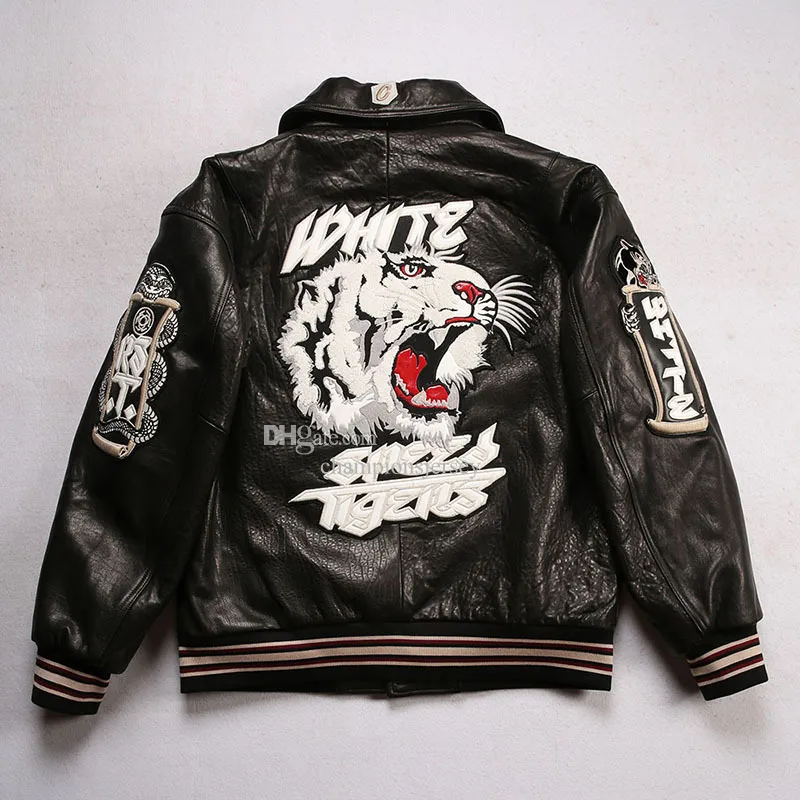 CH3 Men's Bomber Jackets Bubble skin texture sheep Leather Chinese classical twin dragon black with the white-tiger embroidery