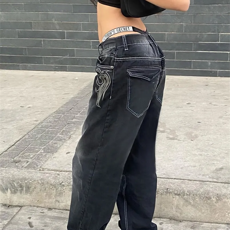 Jeans femininos harajuku carga impressa y2k azul escuro marrom high sterewear streetwear 90