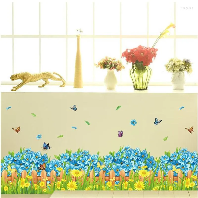 Wall Stickers Green Plant Blue Floral Sticker Study Bedroom Decoration Modern Art Mural Home Baseboard Decal