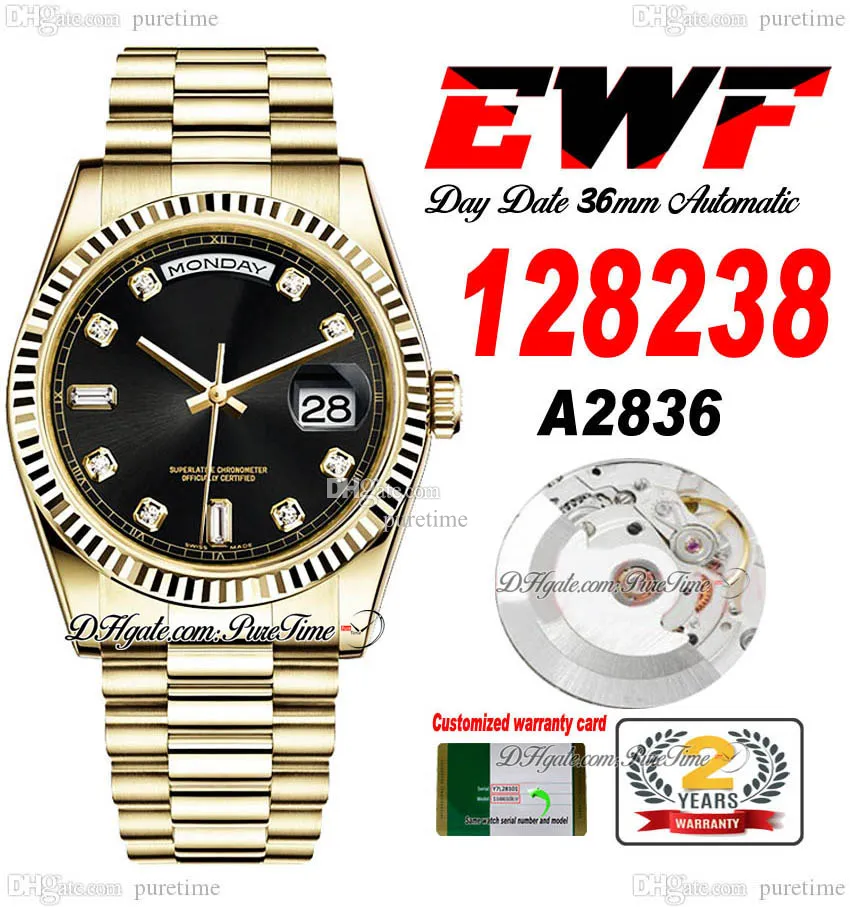 EWF DATA DATA 118238 A2836 AUTOMÁTICO UNISSISEX Relógio masculino Ladies 36mm Diamantes pretos de ouro amarelo Diamante Dial