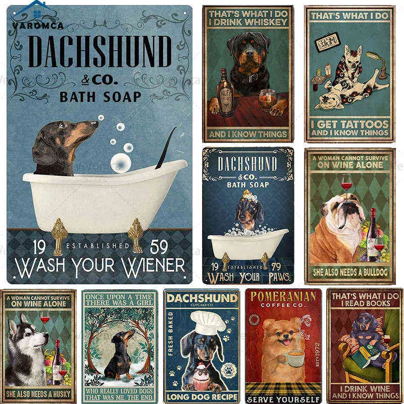 Metal Painting Retro Tattoo Pet Plate Sign Metal Posters Vintage Dog Washing Paws Reading Book Home Shabby Tin Sign Pet Shop Wall Plaques Decor T220829