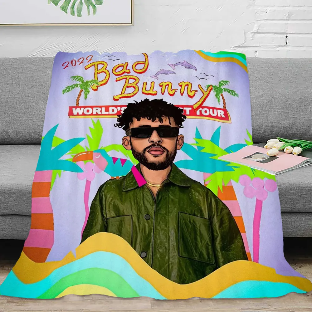 Personalizado com logotipo 3D Acessórios impressos Design de cobertor Pintura de desenho animado Polyester Bad Bad Bunny Sublimation Fleece Travel Throw Blain for Unisex