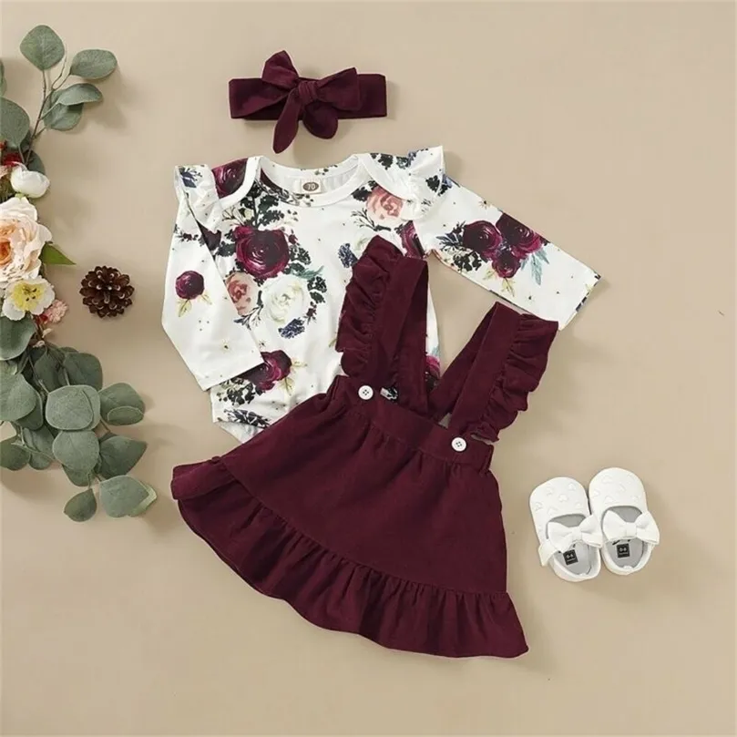 Completi di abbigliamento nati Baby Girl Vestiti Set Tuta floreale Pagliaccetto Tuta Top Maglietta Bretelle Gonne Fiocco Fascia per capelli 220830